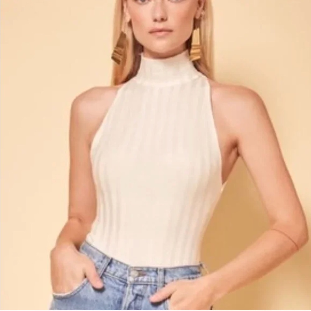 Reformation “Isabella” Mock Neck Ribbed Bodysuit Cream